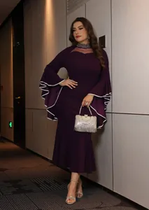 Elegant plus-size purple mermaid dress with rhinestone mesh collar and ruffled sleeves