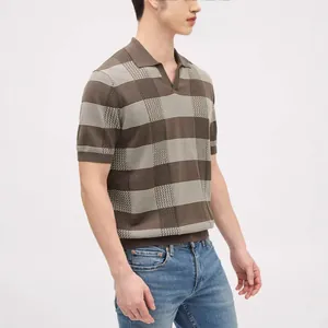 Men's textured knit polo shirt with brown stripes and V-neck, casual summer style