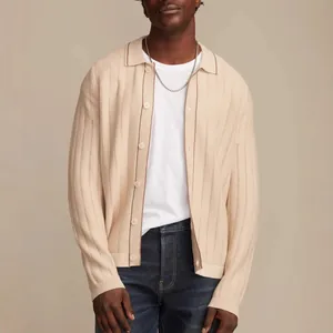 Men's stylish long sleeve hollow knit Polo cardigan in beige with button-up design