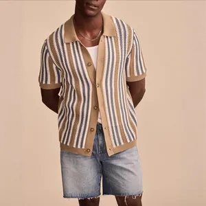Men's retro vertical striped hollow knit polo shirt in casual summer style