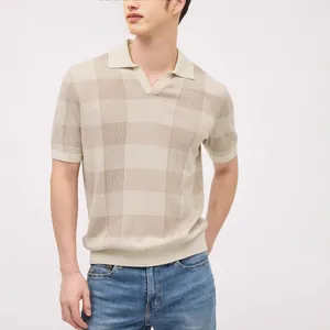 Men's stylish beige knitted Polo shirt with V-neck and textured checkered pattern