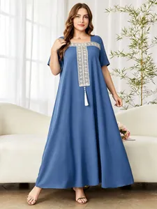 Full view showing embroidery and tassel detail on blue plus size maxi robe dress