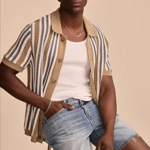 Stylish men's summer casual vertical striped hollow knit polo shirt with button front