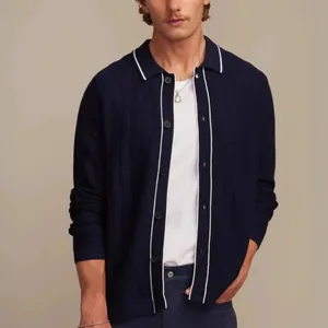 Premium men's navy blue hollow-out knit Polo cardigan featuring stylish white trim detail