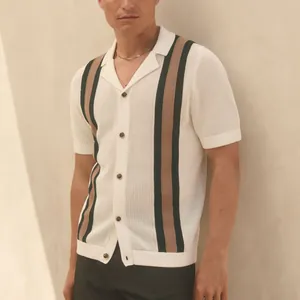 Men's retro stripe knit polo shirt with breathable hollow-out texture in off-white