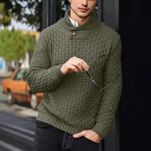 Men Shawl Collar Sweater Polyester Knitwear Slim Fit Basketweave Pullover Long Sleeve Business Casual Jumper Male Knit Top