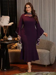 Plus Size Women Elegant Purple Dress Mesh Rhinestone U-Neck Long Sleeve Bodycon Fishtail Banquet Party Dress Polyester Gown