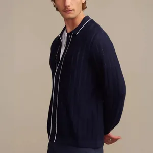 Men's navy blue mesh knit Polo cardigan with white contrast piping and long sleeves.