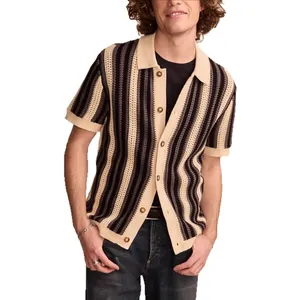 Men's retro casual striped crochet knit polo shirt with vertical patterns