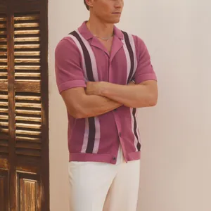 Men's mauve striped short sleeve breathable knit polo shirt for summer resort outfit