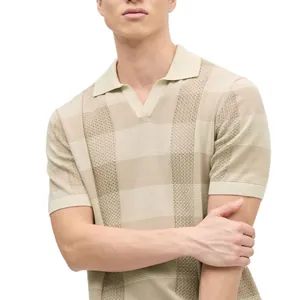 Stylish men's beige knitted polo shirt with V-neck and textured pointelle stripes
