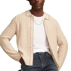 Men's lightweight beige hollow-out knit polo cardigan featuring vertical textured stripes