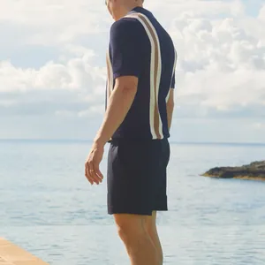 Men's breathable striped knitted Polo shirt with casual shorts for summer resort look