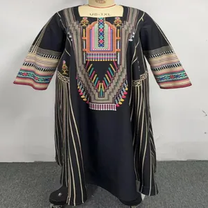 Plus size long sleeve maxi dress with ethnic style print and bohemian embroidery details