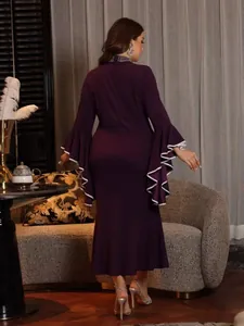 Elegant plus size purple mermaid dress with rhinestone collar and flared ruffled cuffs
