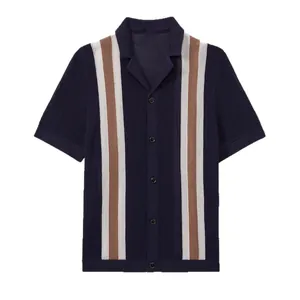 Men's navy breathable hollow knit Polo shirt with stylish vertical stripes for summer