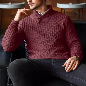 Burgundy basket-weave knit sweater with shawl collar and button detail for men