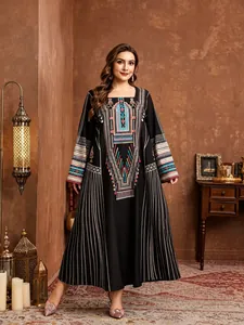 Detailed front and back view of ethnic plus size maxi dress with geometric patterns