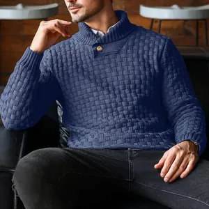 Elegant blue men's shawl collar sweater featuring a classic basket-weave textured knit