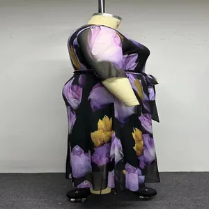 Plus size floral print mesh dress with V-neck and waist tie, side profile view detail.
