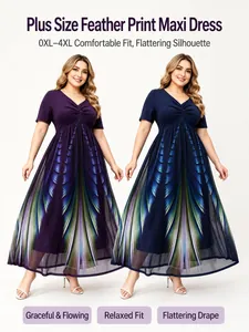 Women Plus Size V-Neck Twist Front Short Sleeve Dress Gradient Peacock Feather Print Mesh Layered Maxi Dress Elegant Party Clothing