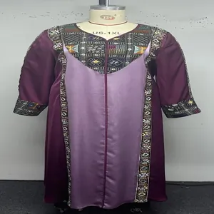 Front view of plus size purple ethnic embroidery long sleeve vintage robe dress