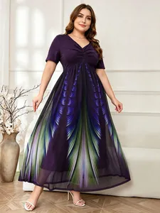 Plus size purple V-neck dress with gradient feather print mesh skirt detail view