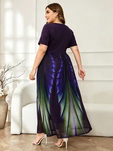 Back view of elegant plus size mesh dress with vibrant purple gradient feather print