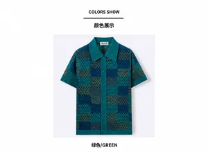 Macro detailed view of the green and blue checkerboard crochet knit polo shirt for men