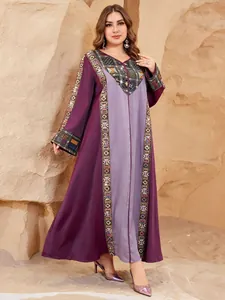 Plus size purple ethnic embroidery long dress with patchwork design in desert setting