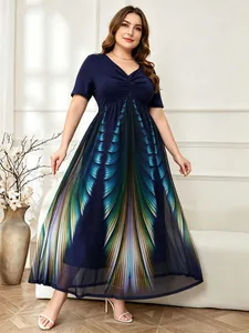 Elegant plus size V-neck maxi dress with twist front and gradient feather print mesh