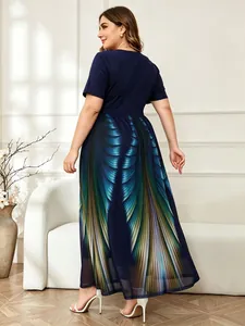 Detailed back view of plus size short sleeve dress with gradient feather mesh skirt.