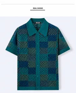 Front view of a teal checkerboard crochet knit polo shirt with short sleeves.