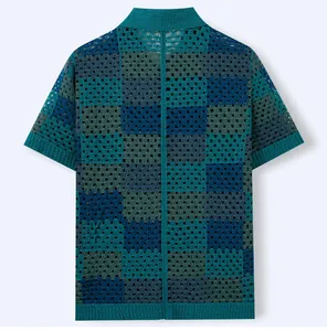 Back view of a men's crochet knit checkerboard shirt with teal and blue pattern