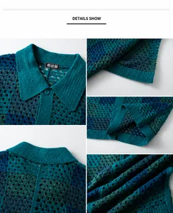 Close-up showing the intricate crochet knit texture of this checkered polo shirt.