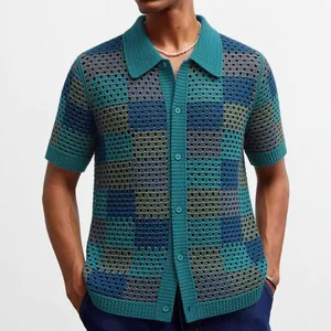 Men's crochet hollow-out knit polo shirt with blue checkerboard pattern for vacation.