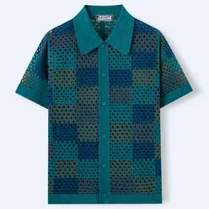 Stylish men's checkerboard crochet knit short sleeve polo shirt in blue for summer vacation.