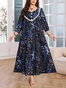 Detailed view of plus size vintage floral maxi dress with lace trim and lantern sleeves