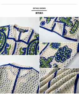 Close-up details of men's hollow-out jacquard knit cardigan with floral patterns