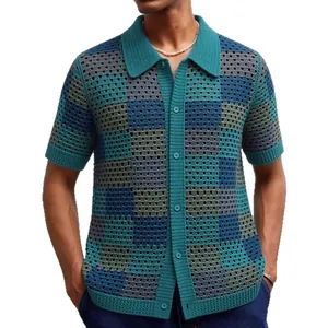 Mens checkerboard crochet knit polo shirt hollow out short sleeve vacation button up