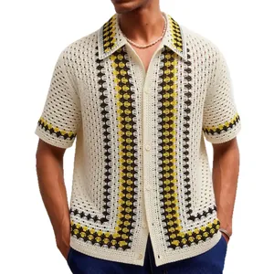 Camisa de punto de ganchillo para hombre estilo étnico con rayas negras y amarillas