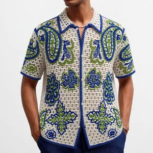 Men's bohemian crochet knit polo shirt featuring blue and green paisley patterns