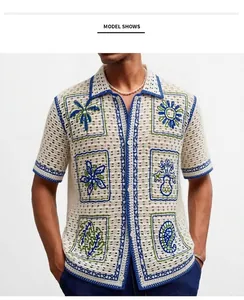 Men's resort style crochet knitted short sleeve shirt with tropical embroidery details.