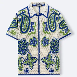 Men's Hawaiian knit polo shirt with blue and green paisley hollow-out jacquard design