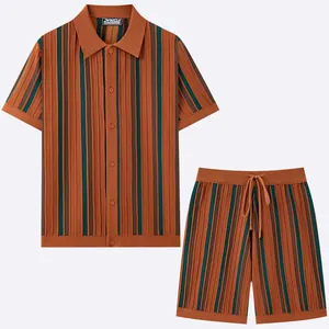 Vintage brown men's knitted short sleeve polo shirt and matching striped shorts set