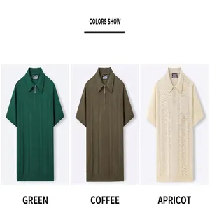 Men's knitted Polo shirts with half zipper design shown in green, coffee, and apricot colors
