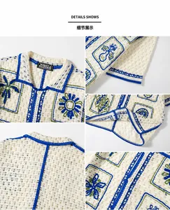 Macro view of hollow-out knit texture and palm patterns on men's crochet polo shirt