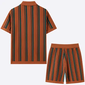 Vintage vertical striped knit polo shirt and shorts casual two-piece set for men