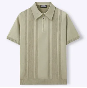 Light green men's short sleeve knitted polo shirt with half-zip and vertical texture