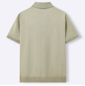Premium men's knitted short sleeve polo shirt shown from the back in light olive green